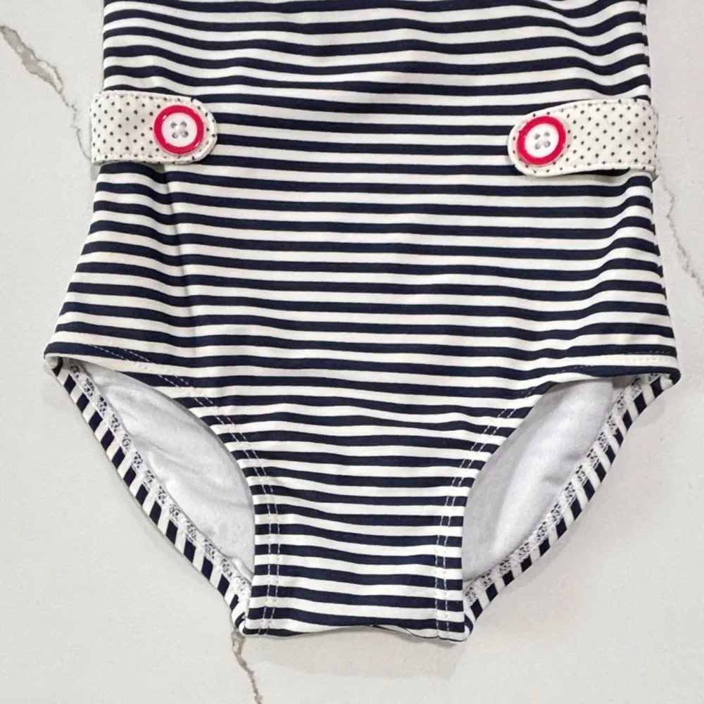 Janie And Jack One-Piece Swimsuit Nautical Stripes Polka Dot Buttons Size 12-18M